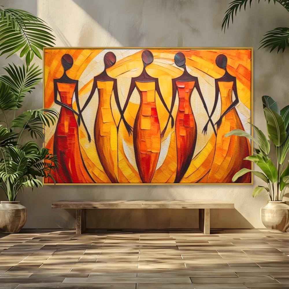 Tablou canvas cu pictura abstracta cu cinci femei stilizate, in rama de aluminiu auriu